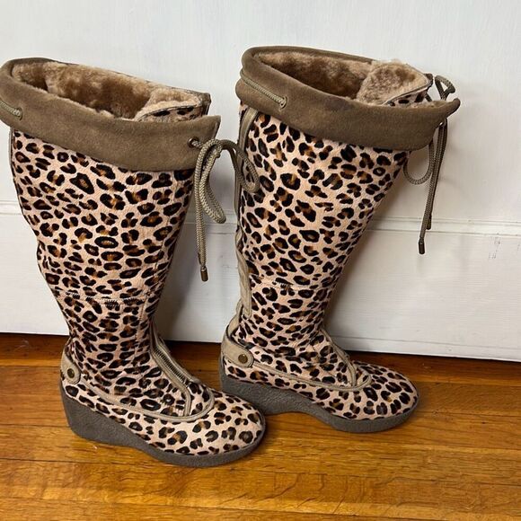 Cole Haan Cheetah Hair Fur Lined Knee High Wedge Boots Suede Size 6 - Picture 4 of 10